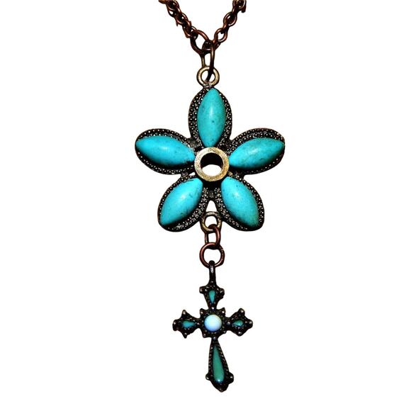 Raynetree Jewelry - Sweet Vintage Faux Turquoise Flower Cross Necklace
